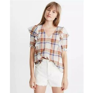 Madewell NWOT V Neck Ruffle top in plaid Msrp $78 size M